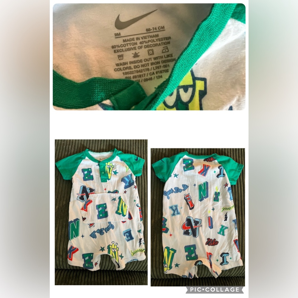 Nike Baby Romper with Green Sleeves & Logo Design 9m